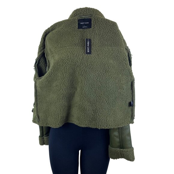 New Look Women's Olive Faux Leather Sherpa-Lined Jacket Warm Size L - New - Picture 4 of 9